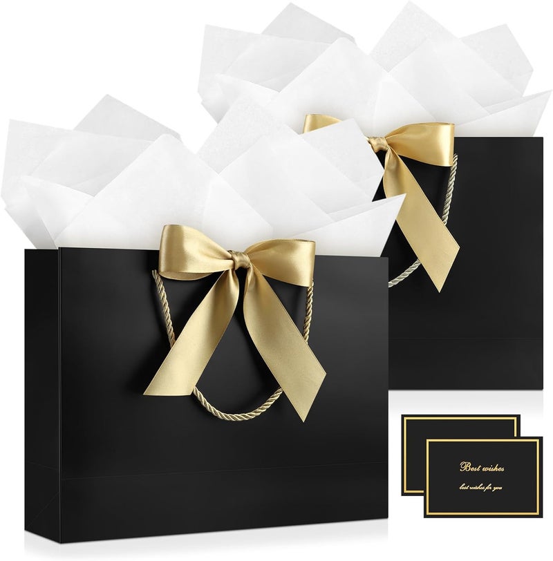 JMANNI Gift Bag, Medium Gift Bags with Tissue Paper, 2Pcs Gift Bags Medium Size with Handle and Bow Ribbon for Any Birthday,Weddings, Mothers Day & Special Occasion 11''x7.87''x4''(Black) - Image 1